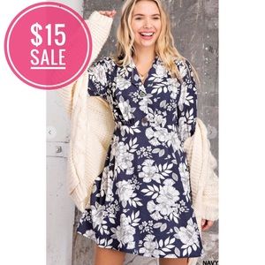 🔥 SALE Navy Floral Long Sleeve Floral Skater Mini Dress